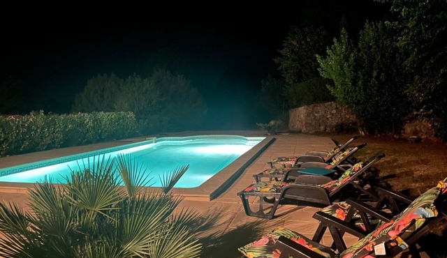 Provencal house with swimming pool surrounded by olive and pine trees