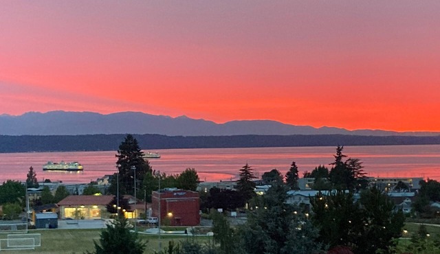Quiet Puget Sound view home near downtown Edmonds with a fireplace