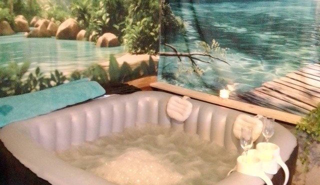 Quiet studio with pool table and spa, pets welcome.