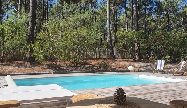 Quiet wooden house at the edge of the forest with heated pool