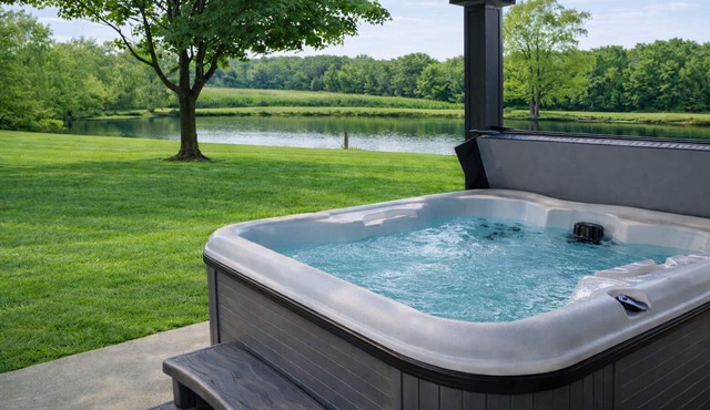 Relax at a cozy countryside retreat with a private hot tub, pond views & fire pit — pure bliss.