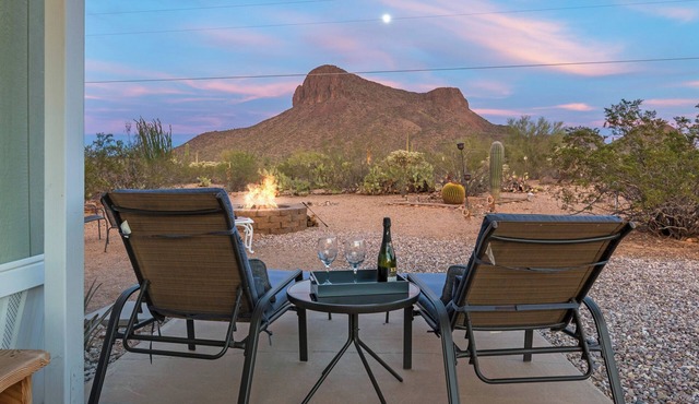 Relax at a Saguaro & Sunset Retreat with Mountain Views and a Cozy Firepit
