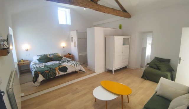 Renovated farmhouse guestroom with private terrace and lake view