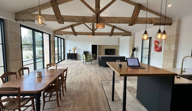 Renovated former tile factory with swimming pool and view of the Dordogne river