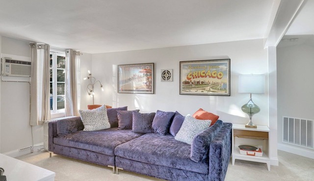 Retro Apt-Downtown Palatine-Big Sofa-King Bed-Private Deck-Laundry-Parking-Train