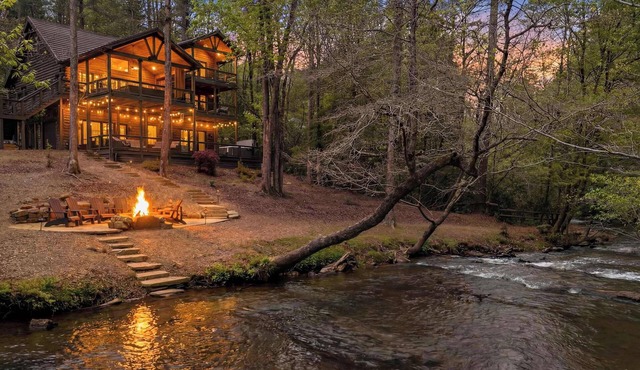 River Run Cabin: Waterfront Luxury with Hot Tub, Game Room & Views