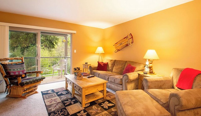 River view from private deck, 2 bedroom modern interior