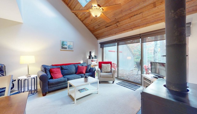River-view townhouse with Lake Michigan access, deck, fireplace, and cable