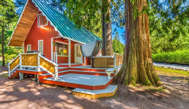 Riverside cabin near Mount Rainier with hot tub!