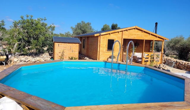 Romantic chalet with private pool surrounded by olive trees.