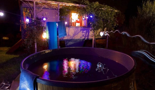 Romantic gypsy wagon with a great view from your hottub in beautiful nature.