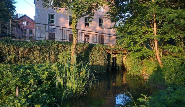 Romantic mill adorned with flowers and water