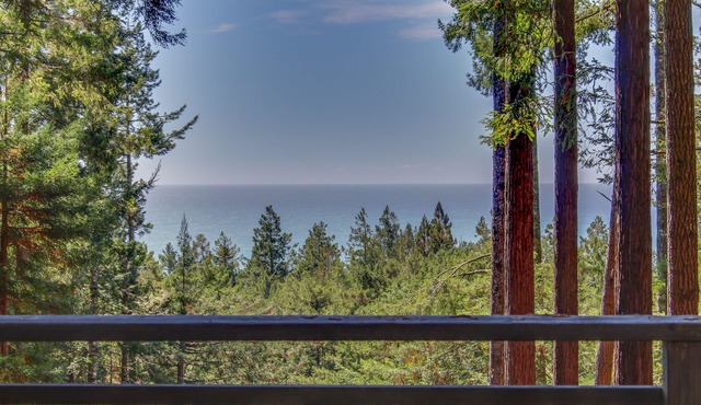 Romantic woodland haven with private hot tub, deck & gorgeous forest/ocean views