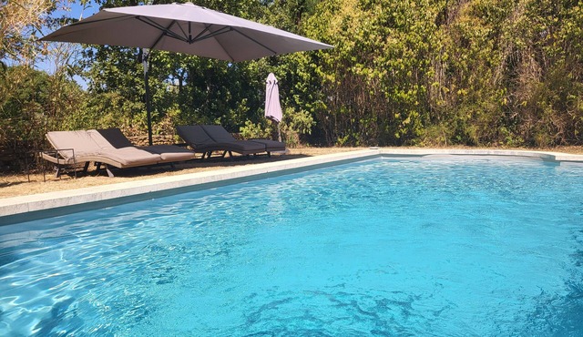 Room in private cabana, bathroom, WC, small kitchen, private pool