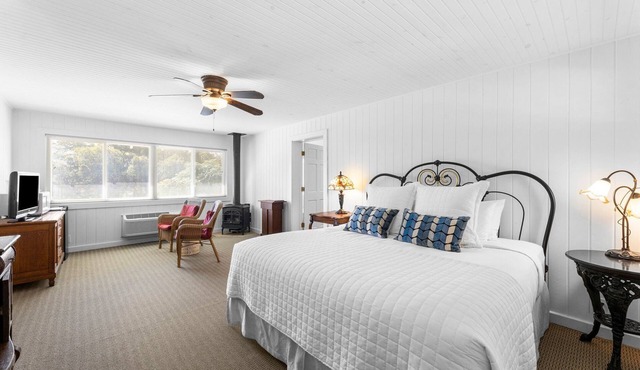 Room with One King Bed, microwave, mini-fridge, and gas fireplace