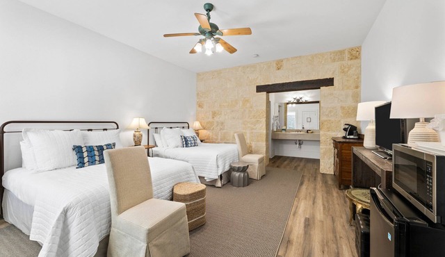 Room with Two Queen Beds, microwave, mini-fridge, gas fireplace and porch