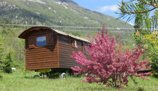 Roulotte au Milieu des Chevaux au Pied de la Falaise de Ceuze