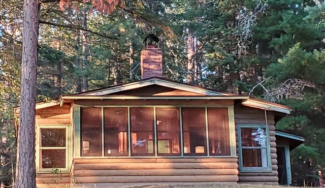 Rustic cabin in remote wooded area on point overlooking lake.
