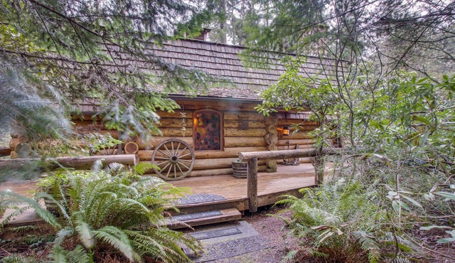 Rustic pond-front log cabin with fireplace & central AC