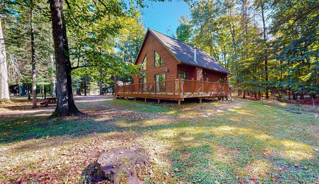 Rustic resort cabin with lake views, deck & access to docks, canoe, paddle boats