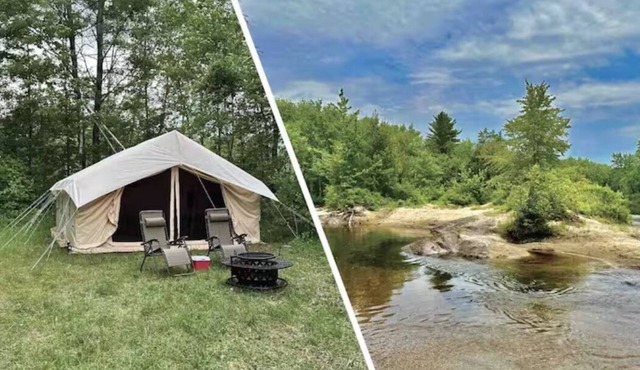 Safari Tent nestled in the woods on the Schroon River with beach and island!