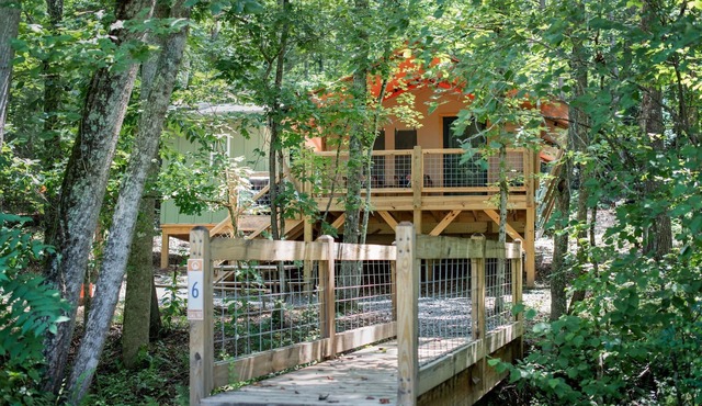 Safari Tent nestled in the woods, creek side, furnished balcony, pet friendly, sleeps 5.