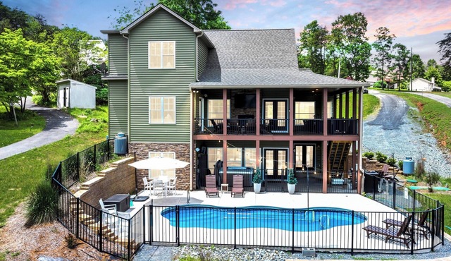 Sandy Bottom Cove, New Lakefront Luxury w/Covered Decks + Heated Salt Pool, Beach, Hot Tub, Dock!