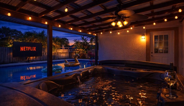 Seaside Escape with Private Backyard Oasis: Heated Pool, Hot Tub & Movie Nights 🌴
