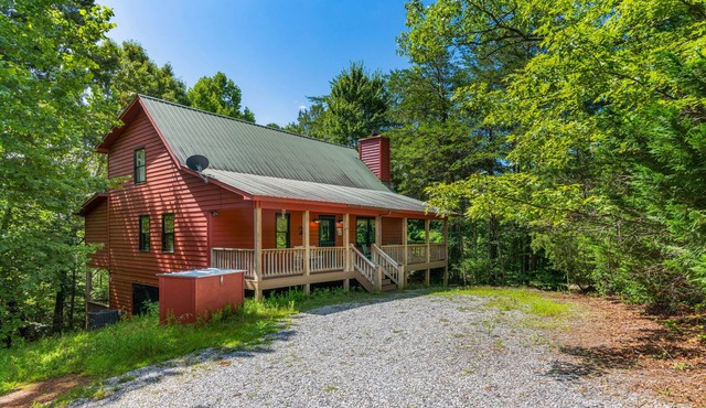 Secluded cabin with game room, wood fireplace, firepit, & great decks