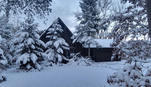 Secluded chalet in the woods overlooking a huge pond and only 5 minutes to town.