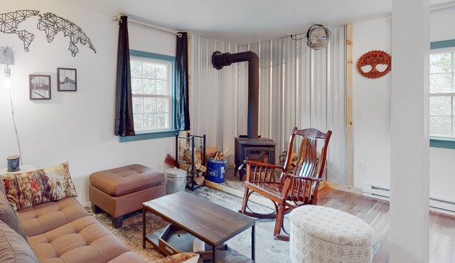 Secluded, dog-friendly cabin with a deck, large yard, firepit, & wood stove