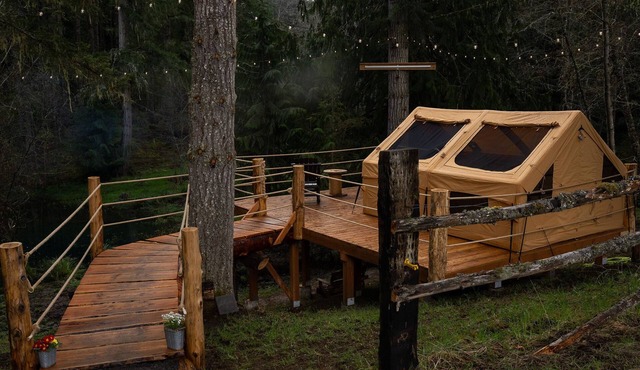 Secluded glamping tent in the foothills of the Olympic Mountains.