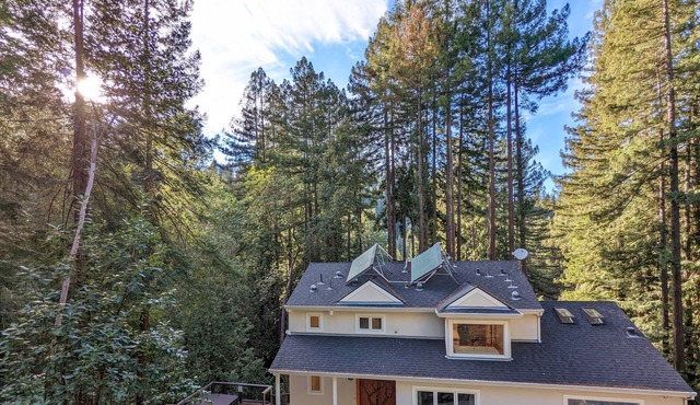Secluded redwood retreat close to wineries, restaurants, and outdoor recreation.