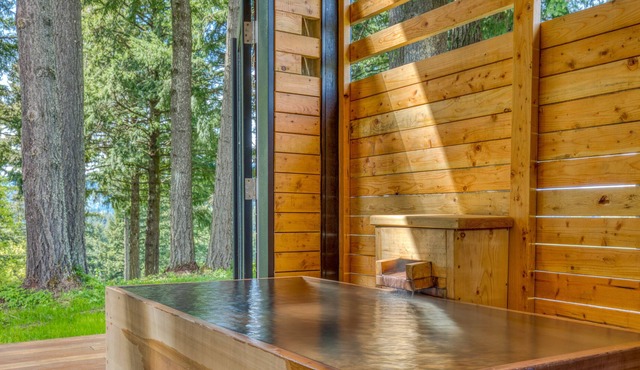 Serene mountain-view cabin with geothermal hot tub, indoor steam sauna & deck