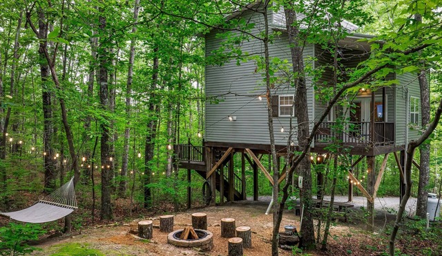 Serenity Escape Treehouse on 14 Acres with easy trails, fire pit and hammock.