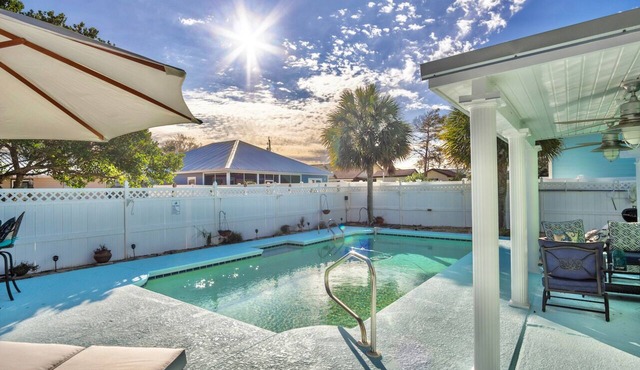 Short Walk to Beach! Private Heated Pool with Backyard Oasis!