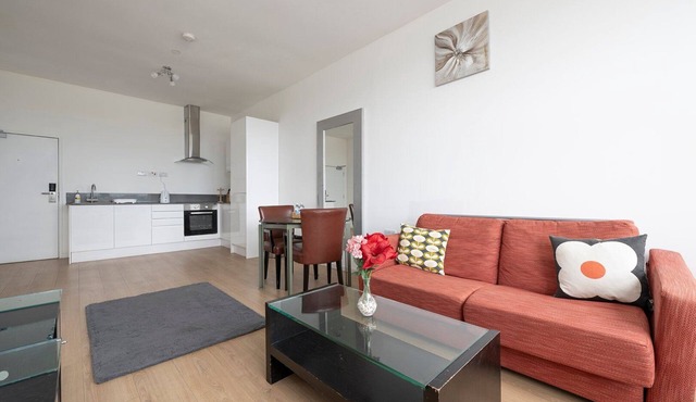 Sleek urban retreat with gym access