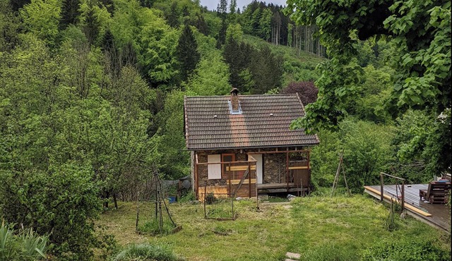 Small house surrounded by nature and mountains.