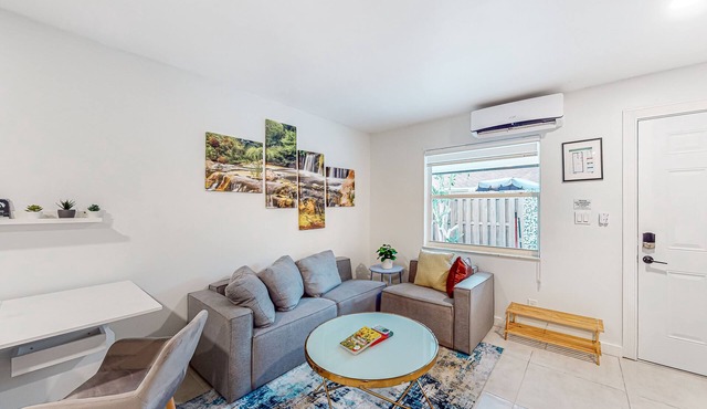 Snowbird-friendly studio with kitchenette, washer/dryer, desk, streaming, & AC