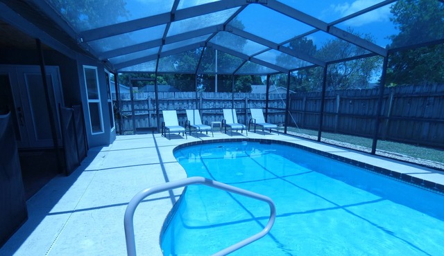 Solar heated pool. Fenced yard. Most dog breeds allowed with pet fee.