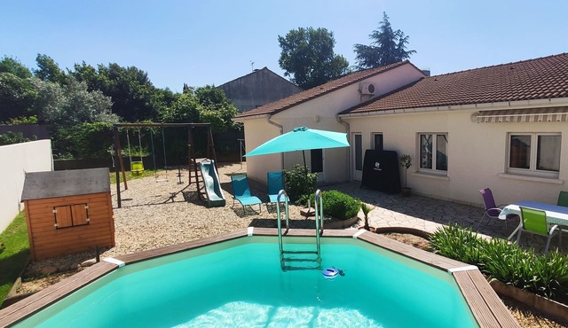 Spacious villa with large plot and above ground pool.