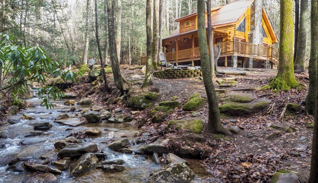 Stay in a Real Log Cabin! - Private Creekside Cozy Creek Cabin with Hot Tub/Wifi
