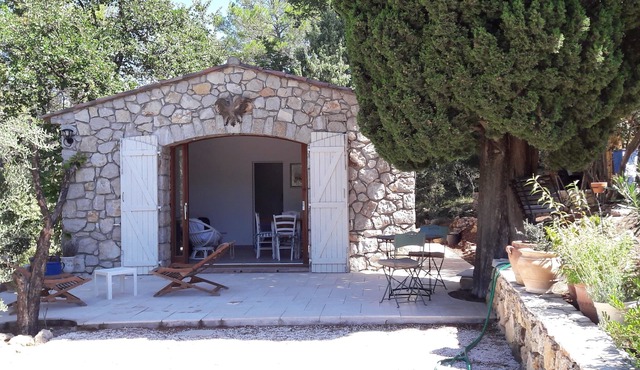 Stone cottage in wooded property with swimming pool