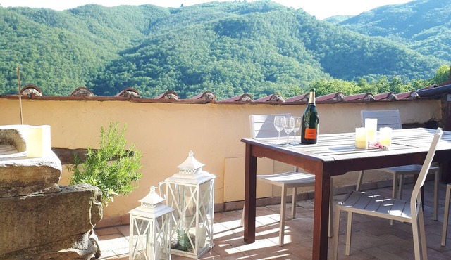 Stone Rustico with garden in an ancient village in Tuscany. View on ancient Pieve in Villa Bascilica