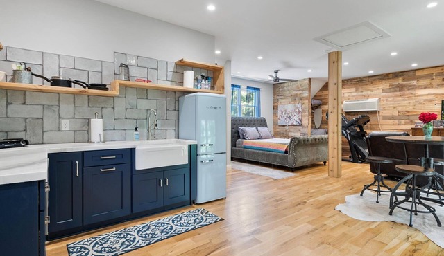 Studio above a detached garage away from main house on a private lot.