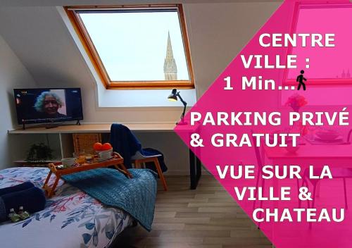 Studio Tout équipé en Hyper-Centre avec Parking Privé et Gratuit - Vue sur la Ville et Château de Caen