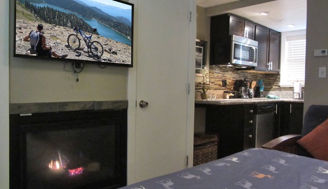 Studio with larger kitchenette, fireplace, and nearby attractions