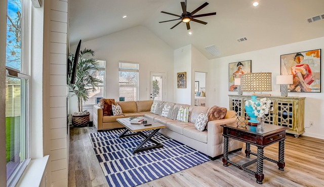 Stylish, two-story home with a firepit, washer/dryer, & central AC