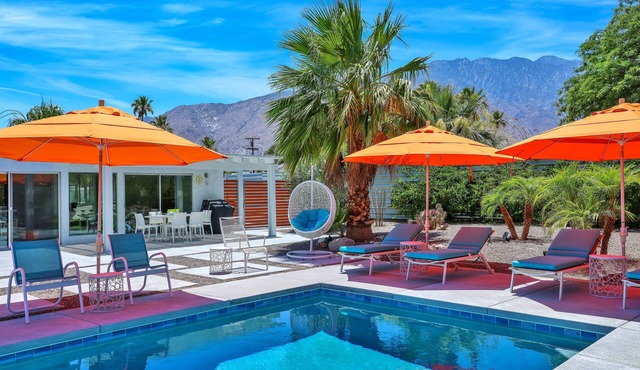 Sunny, Private Mid-Century Modern Oasis with Saltwater Pool, Spa, Mountain Views