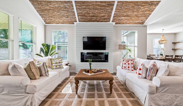 Sunny, single-level retreat with a firepit, patio, central AC & washer/dryer